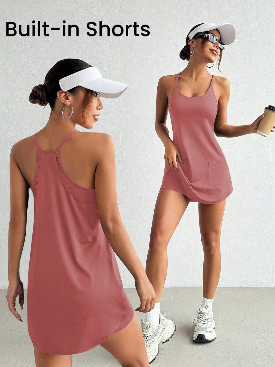 Easithlete Easithlete Vestido de unicolor para mujer con 2 en 1, con bolsillos y tirantes de espagueti
