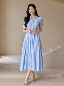 DAZY Spring Summer Autumn Short Sleeve Striped Shirt Dress Women's New Waist-Cinching Dress - Blue - View 5