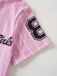 THE POWERPUFF GIRLS X SHEIN Tween Girl Striped Round Neck Short Sleeve Dress - Pink - View 6