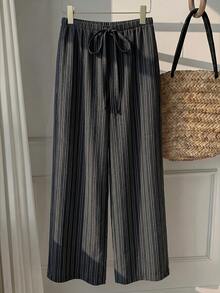 SHEIN EZwear 女款休閒腰部綁帶直筒長褲，適合夏季穿著 - 黑色 - 查看 3