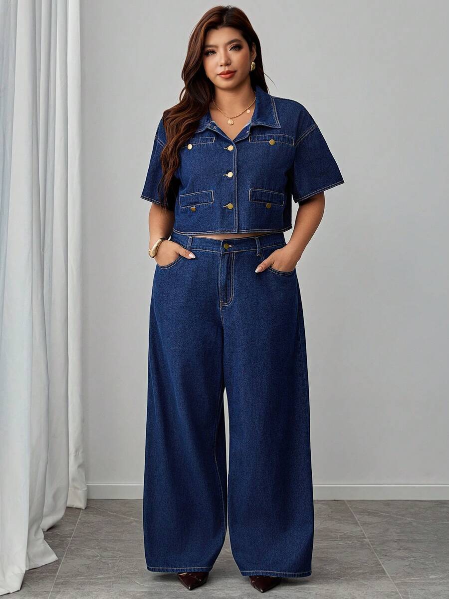 Elenzga Celana Jeans Denim Biru Tua Non-Stretch Elegan dan Nyaman untuk Wanita Ukuran Plus - Dark Wash - View 1