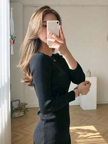 Dazy Tall Gaun Sweater Rajut Pendek Pas Badan Lengan Panjang Leher Bulat Wanita, Gaya Kasual Urban Musim Gugur - Hitam - View 5