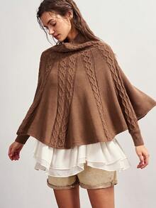 Bohemela Women's Elegant Casual Matching Retro Vintage 70s Solid Color Cape Sweater, Autumn/Winter Everyday Work Family Office Shades Of Brown Thanksgiving - Brown - View 3