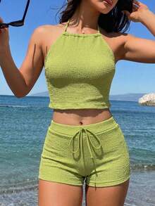 Livesso 女款夏季海灘純色掛脖綁帶式分體式比基尼上衣與泳褲兩件式泳衣套裝 - 綠色 - 查看 5