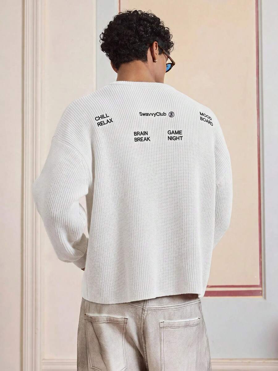 SWAVVY 時尚標語刺繡男士毛衣 - 白色 - 查看 1