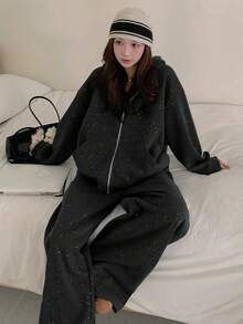 Dazy Tall Women's Sequin Fabric Hooded Open Front Sweatshirt And Loose Pants Casual 2 Pieces Set Fall - Dark Grey - View 2