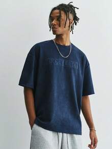 Sonviro Men's Navy Blue Summer Casual Streetwear T-Shirt,Suede-Like Fabric Embossed Pattern,City Break Relaxed Dropped Shoulder Oversized Minimalist Tee - Navy Blue - View 2