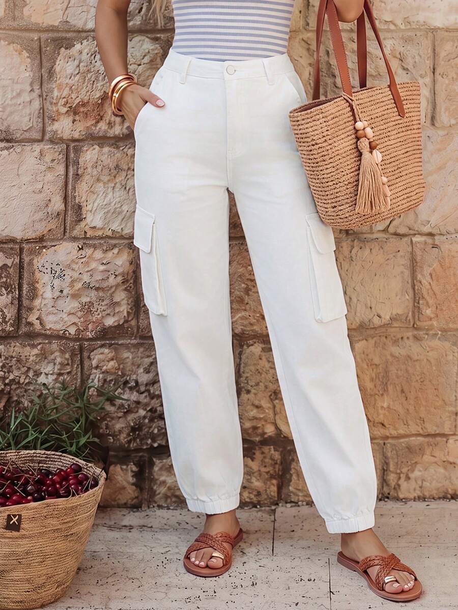 EMERY ROSE Pantalones cargo con bolsillo lateral con solapa - Blanco - Ver 1