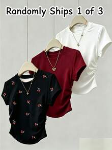 SHEIN T-shirt à manches courtes à taille cintrée pour filles préadolescentes, boîte aveugle 3-en-1, envoyé au hasard, imprimé cerise sur toute la surface, manches courtes, noir, bordeaux, blanc, convient pour les sorties, le streetwear, le quotidien, basique polyvalent, convient pour le printemps, l'été, l'automne, l'hiver, toutes les saisons - Multicolore - Voir 1