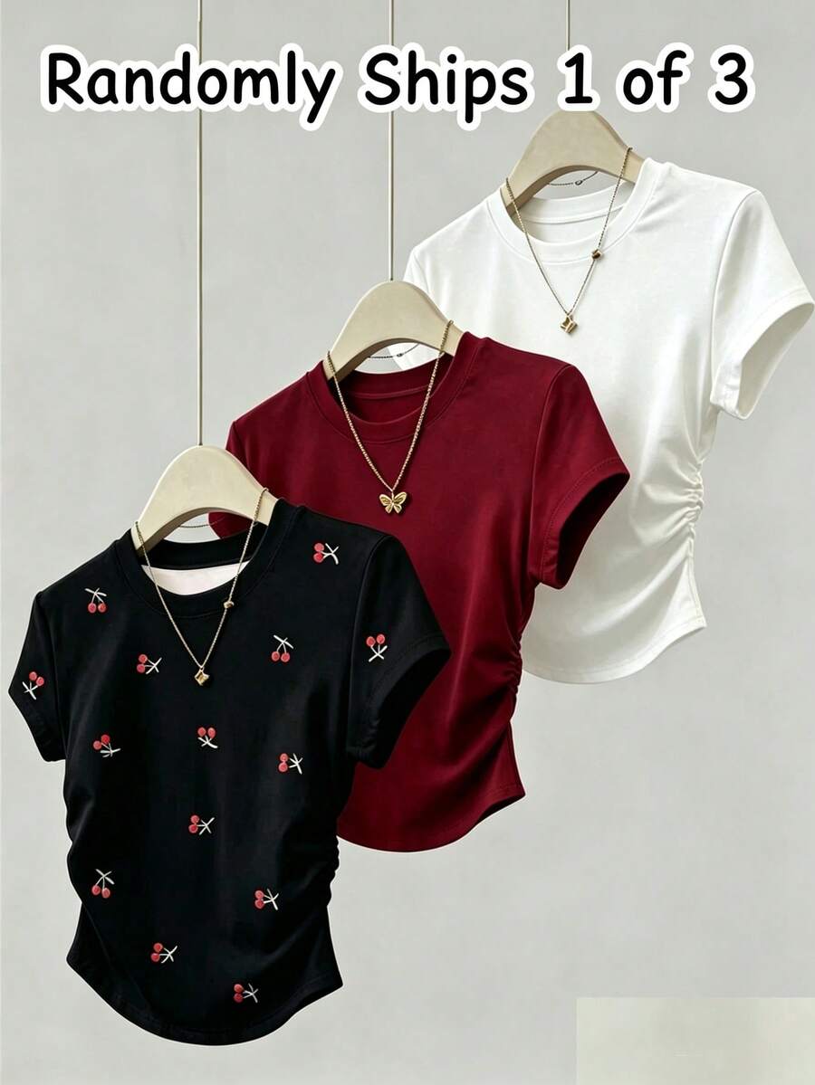 SHEIN T-shirt à manches courtes à taille cintrée pour filles préadolescentes, boîte aveugle 3-en-1, envoyé au hasard, imprimé cerise sur toute la surface, manches courtes, noir, bordeaux, blanc, convient pour les sorties, le streetwear, le quotidien, basique polyvalent, convient pour le printemps, l'été, l'automne, l'hiver, toutes les saisons - Multicolore - Voir 1