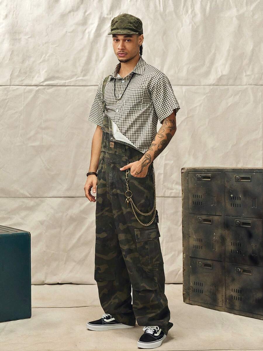 Norleigh 男士休閒工裝迷彩背帶褲,多口袋設計,街頭風迷彩背帶褲,軍綠色,紐帶,抽繩,牛仔布,寬鬆版型 - 軍綠色 - 查看 1