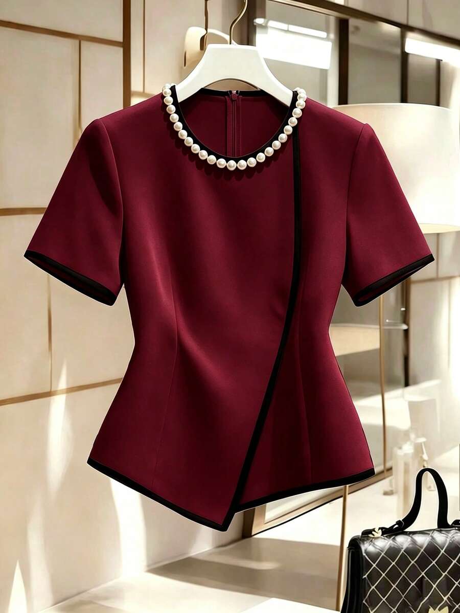 Franclia Blus Wanita Motif Blok Warna dengan Dekorasi Mutiara Imitasi, Kasual, Serbaguna untuk Pemakaian Sehari-hari - Burgundy - View 1