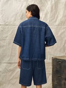 Solid Color Front Button Short Sleeve Shirt And Denim Shorts Casual Suit - Blue - View 3