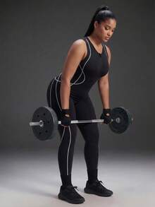 Powerista Women's Plus Size Seamless Front Zipper Black With White Line Decor Tank Top & Cropped Leggings Sports Jumpsuit - Mint Green - View 10