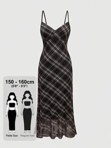 ROMWE PETITE 復古學院風格紋細肩帶女款洋裝 - 棕色 - 查看 1