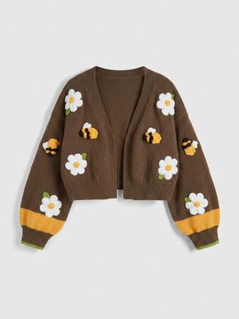 Fairycore Cardigan con mangas de farol, bordado 3D de flores y abejas, estilo pastoral lindo con bloques de color