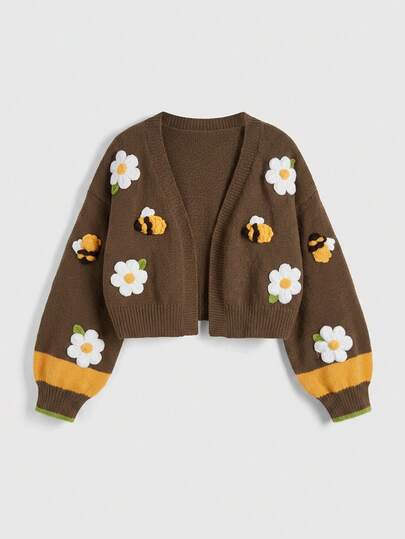 Fairycore Cardigan carino con blocchi di colore pastorale, ricamo 3D floreale & ape, maniche a lanterna