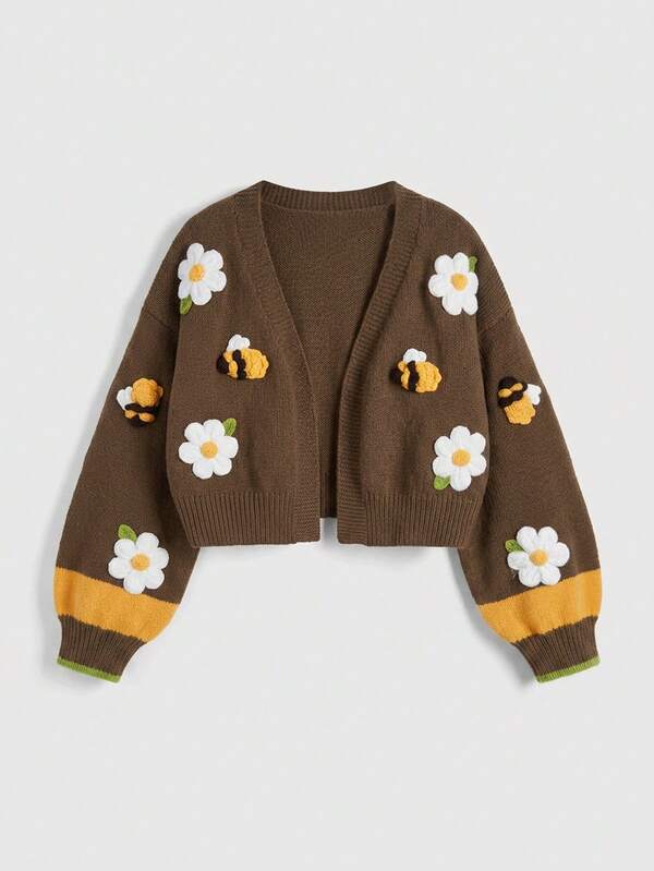 ROMWE Fairycore Cardigan con mangas de farol, bordado 3D de flores y abejas, estilo pastoral lindo con bloques de color