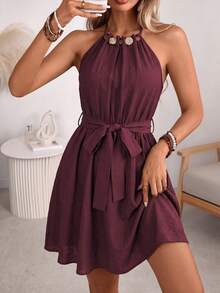 Wandoria Women's Spring/Summer French Elegant Luxury Minimalist High-End Design Casual Bohemian Vacation Office Commute Old Money Style Comfortable Solid Color Faux Linen Fabric Ruched Neckline Beaded Decoration Elastic Waist Self-Fabric Belt Cinched Waist A-Line Spaghetti Strap Tie Strap Pocket Short Dress - Burgundy - View 6