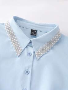 Franclia Damen Mode Perlen Schleife Dekor V-Ausschnitt Falten Taille Langarm Bluse - Blau - Übersicht 8