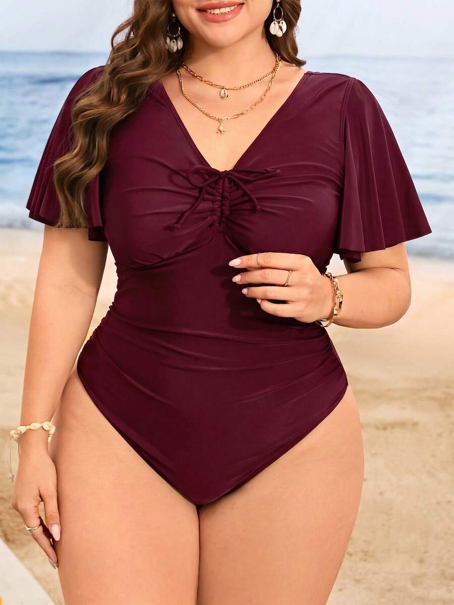 SHEIN Swim Curve 大尺碼女款夏季純色荷葉袖胸前抽繩收腹抓皺連身泳衣 派對海灘穿著 粉色 優雅性感 - 酒紅色 - 查看 1