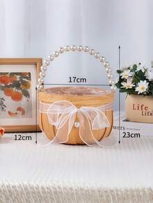 1PC Woven Round Wedding Flower Girl Basket - Pearl Handle Bow Decoration For Petals Throwing Bridal Accessory - bow - View 2