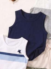 SHEIN Playful Pals 嬰幼兒(男童)上衣，4件圓領無袖背心，清新簡約風格，適合夏季，直筒百搭剪裁，百搭背心，可單穿或作為內搭，乾淨、休閒、百搭、簡約且帶有設計感 - 彩色 - 查看 8