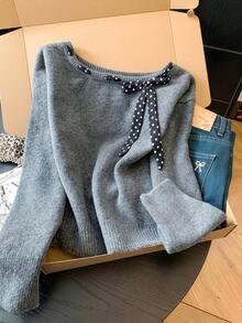 GlowEve CURVE Plus Size Elegant Polka Dot Bowknot Off-Shoulder Long Sleeve Pullover Sweater Fall - Grey - View 1