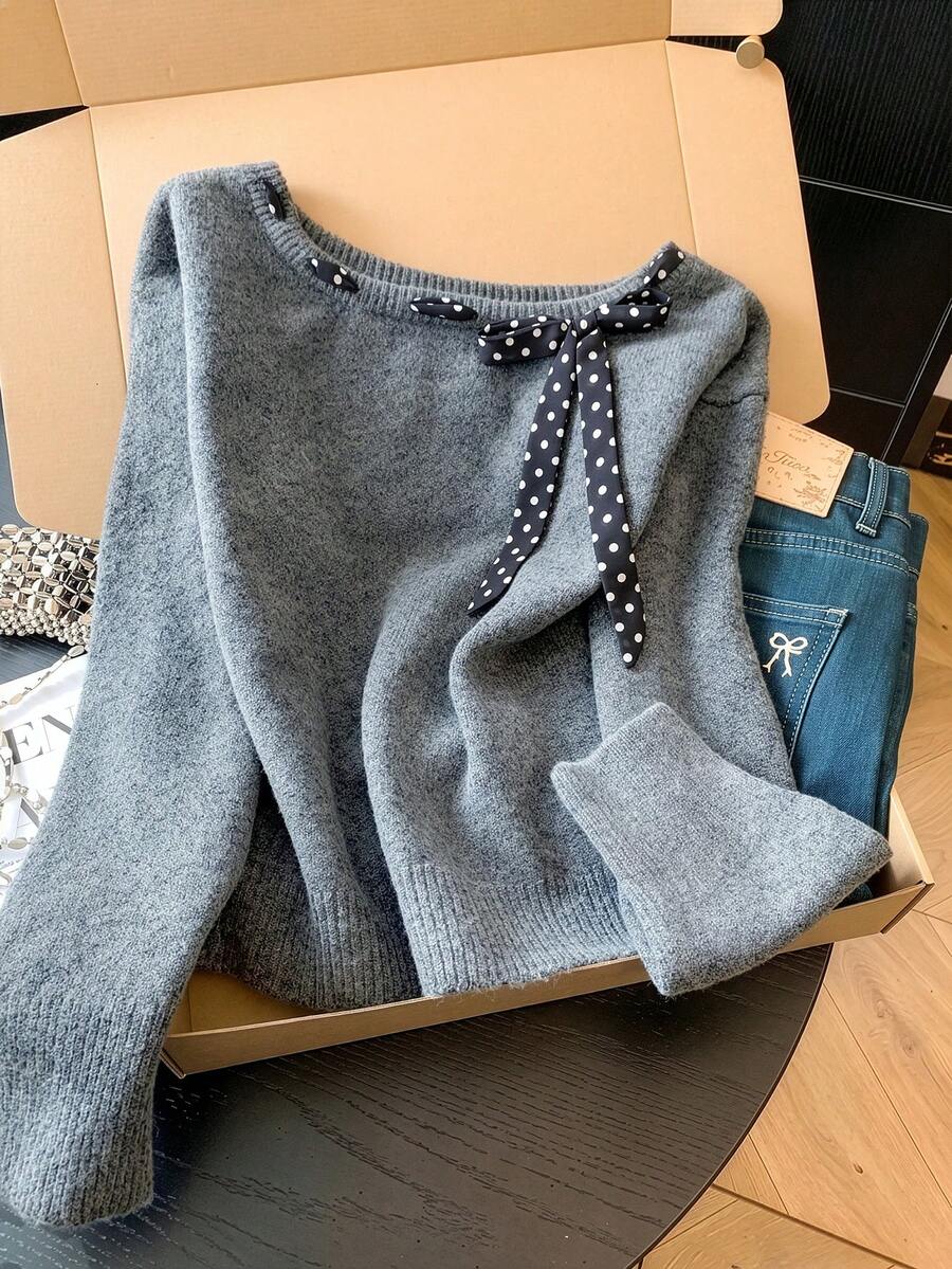 GlowEve CURVE Plus Size Elegant Polka Dot Bowknot Off-Shoulder Long Sleeve Pullover Sweater Fall - Grey - View 1