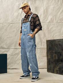 Norleigh Men's Letter Print Distressed Casual Versatile Denim Bib Overalls Hang Out Street Work Urban - Light Wash - View 1