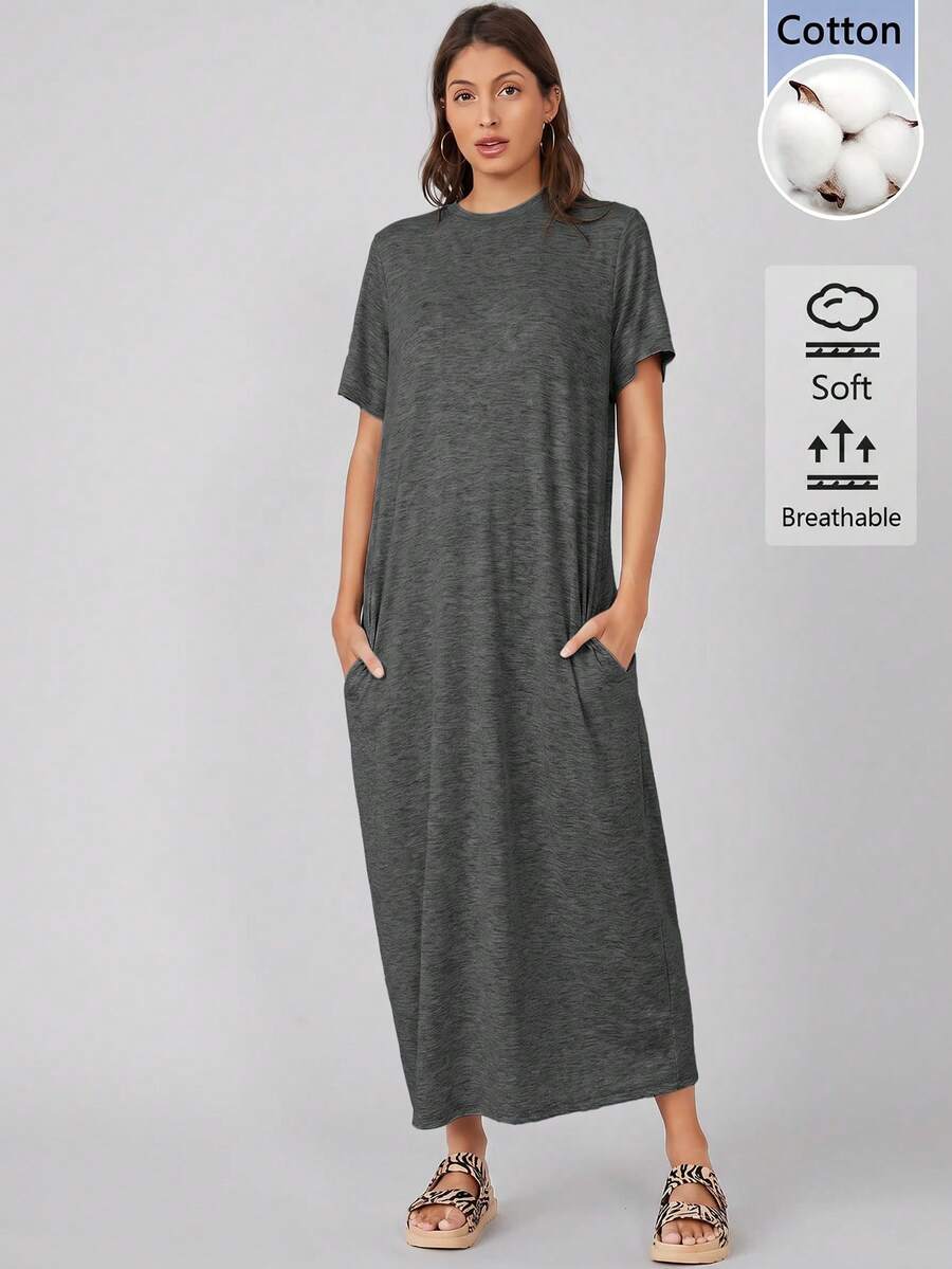SHEIN BASICS Robe longue d'été décontractée de couleur unie pour femmes, pour un usage quotidien, en gris foncé, pour les vacances, les voyages et la maison - Gris - Voir 1