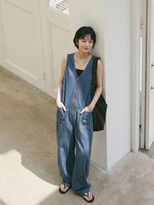 Dazy Tall Women's V-Neck Loose Urban Casual Jumpsuit - Medium Wash - View 16