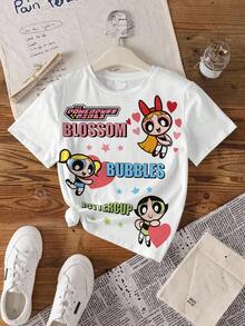 THE POWERPUFF GIRLS X SHEIN 青少年女孩字母卡通印花圓領休閒日常短袖T恤 - 白色 - 查看 8