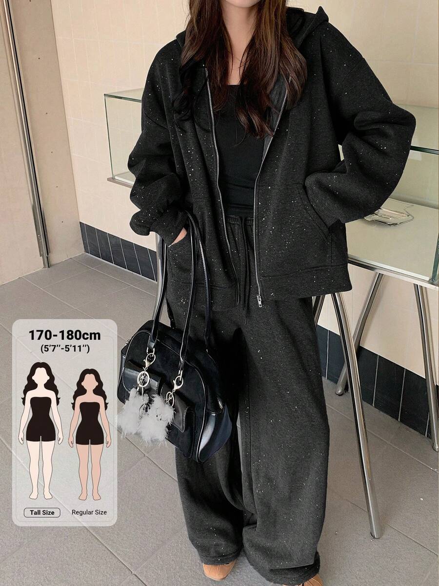 Dazy Tall Women's Sequin Fabric Hooded Open Front Sweatshirt And Loose Pants Casual 2 Pieces Set Fall - Dark Grey - View 1