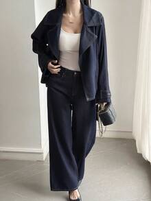 DAZY Setelan Denim Kasual Musim Gugur: Mantel Trench Pendek Wanita dan Celana Panjang Lurus - Dark Wash - View 3