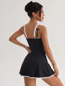 Dewbera Dewbera Sport Double Strap Contrast Edge Athletic Sporty Sexy Mini Dress Tennis Gym Black Summer - Black and White - View 6