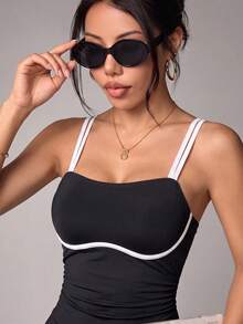 Dewbera Dewbera Sport Double Strap Contrast Edge Athletic Sporty Sexy Mini Dress Tennis Gym Black Summer - Black and White - View 8