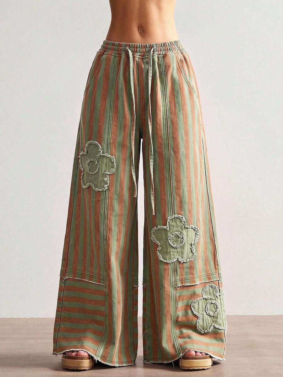 Bohemela Women's Drawstring Waist Striped Colorblock Patchwork Casual Daily Long Pants - Multicolor - View 1