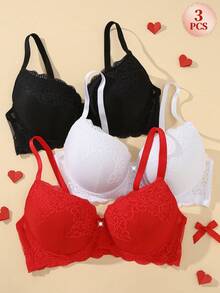 Snug Zone Plus Size Underwire Sexy Lace Comfortable Bra 3pcs Set Black White Red - Multicolor - View 1