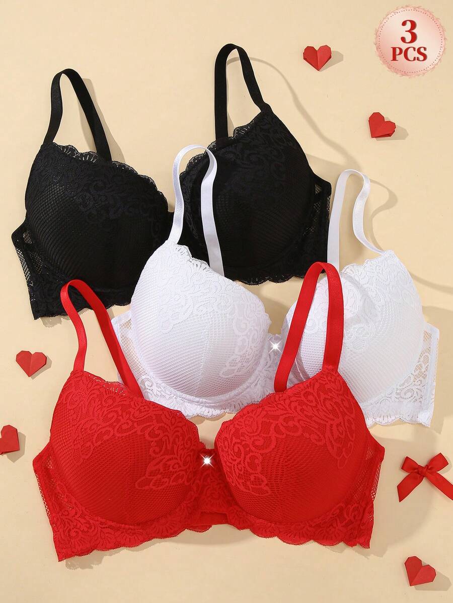 Snug Zone Plus Size Underwire Sexy Lace Comfortable Bra 3pcs Set Black White Red - Multicolor - View 1