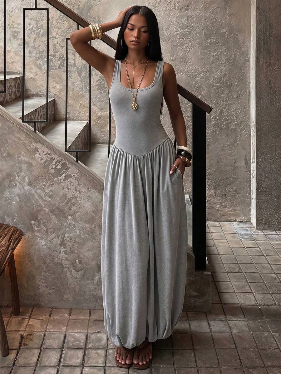 SHEIN BAE 女款休閒通勤方領圓領極簡風燈籠袖抓皺灰色混紡連身褲,適合休閒通勤、日常穿著、休閒出遊,灰色燈籠褲,灰色混紡燈籠褲 - 灰色 - 查看 1