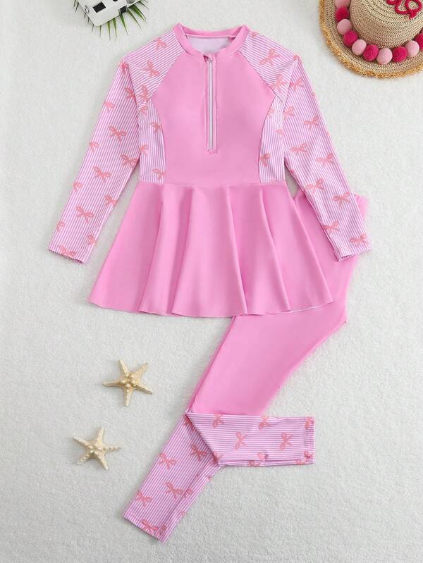 SHEIN Tween Mädchen Tankini Badeanzug (Groß) Spaghetti-Träger Bikini Top, konservatives rosa vertikal gestreiftes Schleifen-Strickgewebe, Langarm Langhose Reißverschluss Rock 2 Stücke Set, modisch lässig elegant anspruchsvoller Damenstil, geeignet für Schwimmen, Sommerurlaub, Strand, Meeresufer, Pool, Sommerferien, Party, lässiger Urlaub