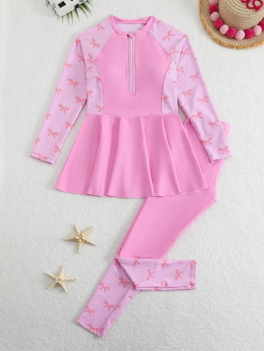 SHEIN 青少年女孩坦基尼泳衣(大號)細肩帶比基尼上衣,保守粉色垂直條紋蝴蝶結針織面料,長袖長褲拉鍊裙 2 件套,時尚休閒優雅成熟女士風,適合游泳、夏季度假、海灘、海邊、泳池、夏季假期、派對、休閒度假 - 彩色 - 查看 1