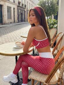 Eassivo Eassivo Women's Polka Dot Colorblock Camisole Top And High Waist Leggings Sports Set - Red - View 2