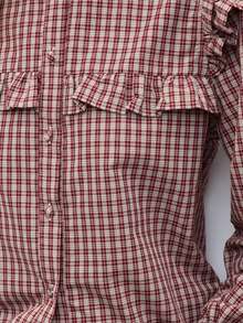 Nöista Burgundy Plaid Blouse With Ruffled Collar, Button Front & Ruffled Yoke. Elastic-Cuff Sleeves. Office, Cowgirl Style. Fall Autumn, Winter Blouse.. - Red - View 7