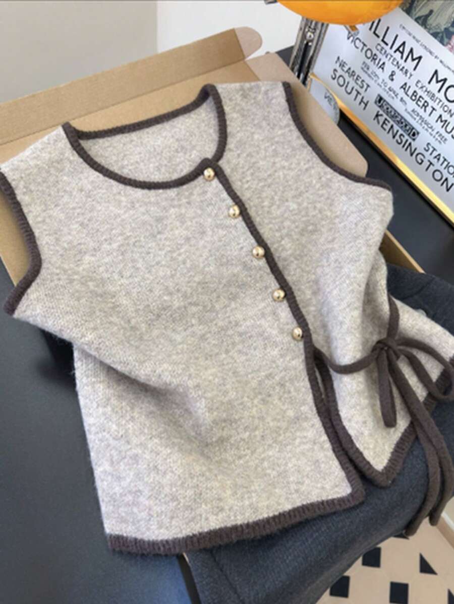 SHEIN Franclia Women's Spring/Autumn/Winter Niche Design Colorblock Knitted Top, Round Neck, Gold Button, Side Tie Waist, Sleeveless Sweater, Casual Commute Versatile Slimming Short Knitted Vest - Light Grey - View 1
