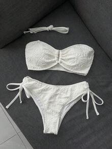 Sunnyshic 女款休閒度假海灘派對優雅細肩帶特殊面料純色比基尼兩件式泳衣 夏季新款 - 白色 - 查看 2