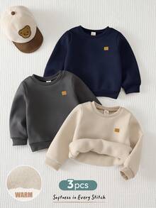 Cozy Pixies Baby Boy Decorative Patch Crew Neck Long Sleeve Pullover Autumn Winter Sweatshirt 3pcs -Piece Set, Versatile And Comfortable - Multicolor - View 6