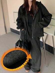 Dazy Tall Women's Sequin Fabric Hooded Open Front Sweatshirt And Loose Pants Casual 2 Pieces Set Fall - Dark Grey - View 5