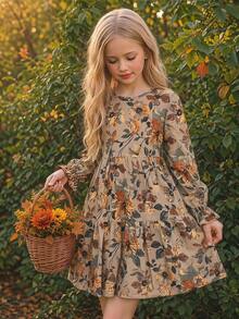 SHEIN Tween Girls Floray 印花蓬松长袖荷叶边圆领连衣裙，适合秋冬日常穿着 - 卡其色 - 查看 8